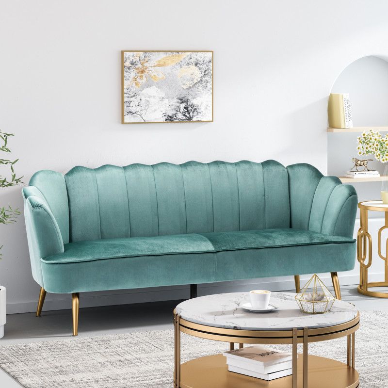 Photo 1 of *INCOMPLETE** *PARTS ONLY** Reitz Modern Glam Velvet Channel Stitch 3 Seater Shell Sofa, Turquoise and Gold in Turquoise/Gold by Noble House
