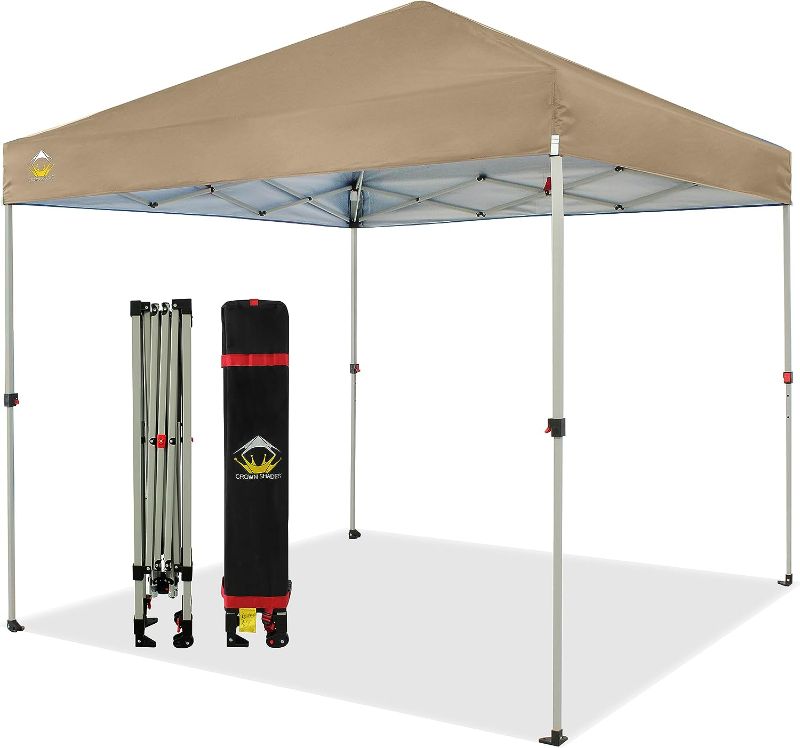 Photo 1 of *COLOR MAY VARY** CROWN SHADES 8x8 Pop Up Canopy, Patented Center Lock One Push Instant Popup Outdoor Canopy Tent, Newly Designed Storage Bag, 8 Stakes, 4 Ropes, Beige
