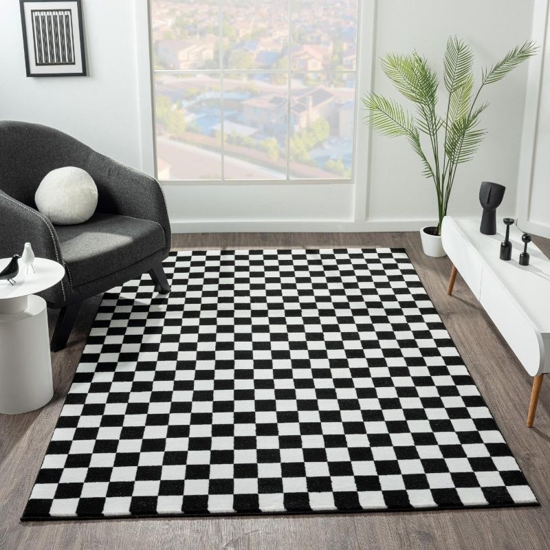 Photo 1 of  Geometric Checkered Black and White 5x7 Area Rug, Non-Shedding Modern Living Room Carpet
