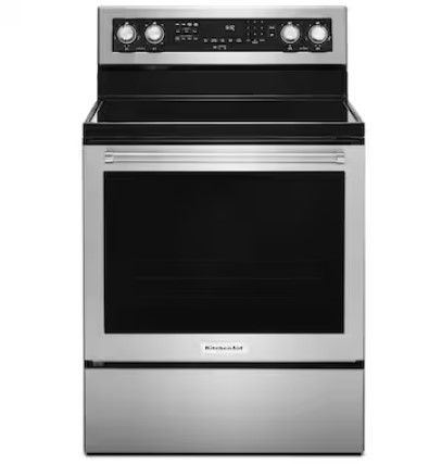 Photo 1 of KitchenAid 30-in Smooth Surface 5 Elements 6.4-cu ft Self-Cleaning Convection Oven Freestanding Electric Range (Stainless Steel with Printshield Finish)