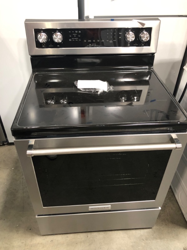 Photo 2 of KitchenAid 30-in Smooth Surface 5 Elements 6.4-cu ft Self-Cleaning Convection Oven Freestanding Electric Range (Stainless Steel with Printshield Finish)