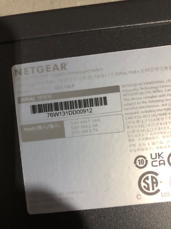 Photo 2 of unable to test * missing power cord * see all images * 
NETGEAR 16-Port Gigabit Ethernet Unmanaged PoE Switch (GS116LP) - with 16 x PoE+ 