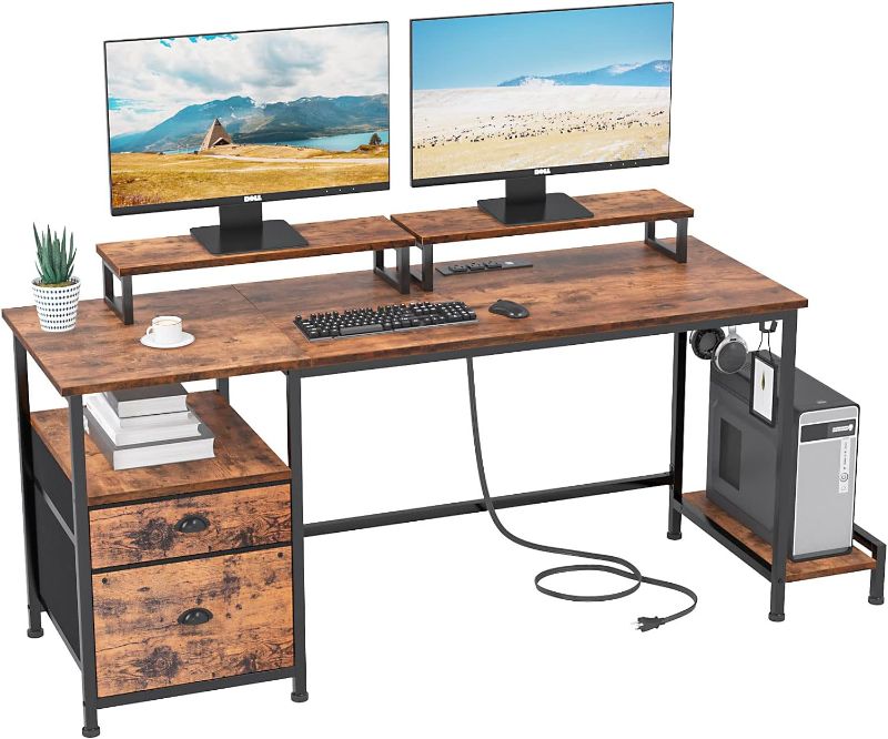 Photo 1 of Furologee Desk with Drawer and Power Outlets, 55" Large Compter Desk with Fabric File Cabinet and 2 Movable Monitor Shelf, Writing Gaming Table with CPU Stand and 2 Hooks for Home Office, Rustic Brown
