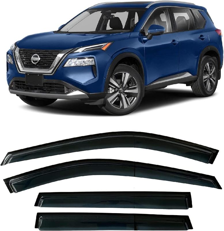 Photo 1 of 2021-2024 Tape-On Side Window Visor Deflectors for Nissan Rogue 2022 2023 S SV SL Platinum Tinted Rain Guards
