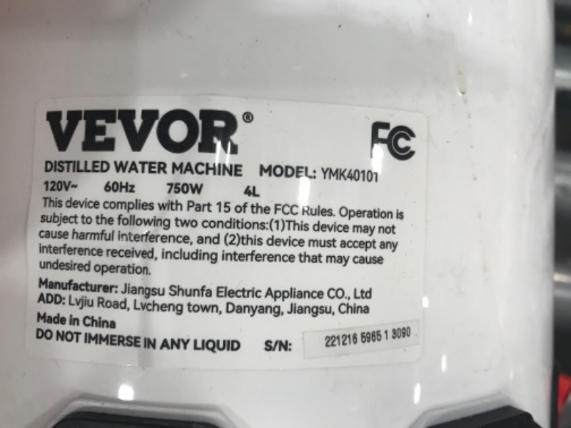 Photo 4 of *MISSING POWER CORD* VEVOR 1.1 Gal Water Distiller, 750W, 4L Distilling Pure Water Machine w/Plastic Container & Button, Countertop Distilled Water Maker for Home (White)
