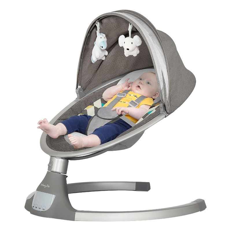Photo 1 of Dream On Me Zazu Baby Swing, Baby Swing for Infant, 5 - Swinging Speed, Two Attached Toys, Bluetooth Enabled and Remote Control, Grey and Blue
