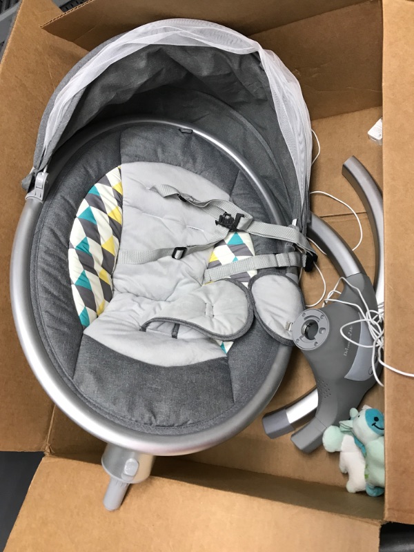 Photo 2 of Dream On Me Zazu Baby Swing, Baby Swing for Infant, 5 - Swinging Speed, Two Attached Toys, Bluetooth Enabled and Remote Control, Grey and Blue
