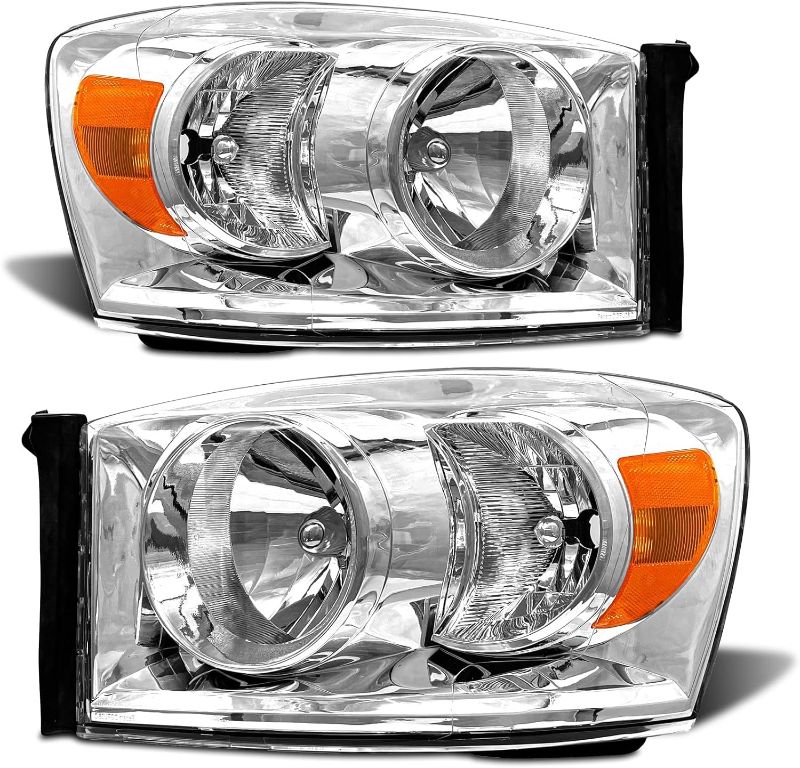 Photo 1 of ADCARLIGHTS 2006 2007 2008 2009 Dodge Ram Headlight Assembly for 2006-2008 Dodge Ram 1500/2006-2009 Dodge Ram 2500 3500 Clear Lens Chrome Housing Amber Reflector Headlamp Replacement Left Right Pair