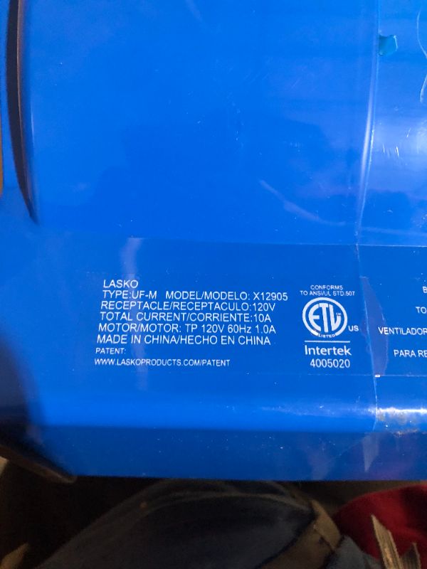 Photo 3 of ***DOES NOT TURN ON WHEN PLUGGED IN - UNABLE TO TROUBLESHOOT***
Lasko High Velocity X-Blower Utility Fan, Blue X12905 11x9x12