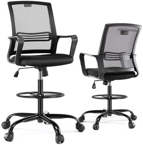 Photo 1 of OLIXIS Tall Drafting Chair, Adjustable Foot Ring and Armrests, Breathable Mesh, Ergonomic Lumbar Support 360 Degree Swivel, for Standing Desk, Laboratory, Kitchen Bar, Office, Dark Black
