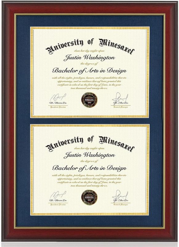 Photo 1 of Minesaxel Double Diploma Frames 14x20 Fits Two 8.5x11 Inch Certificates, Documents and College Degree, Cherry Red Frame with Golden Trim for 8 1/2 x 11 with Blue Gold Double Mat, Wall Mounting
