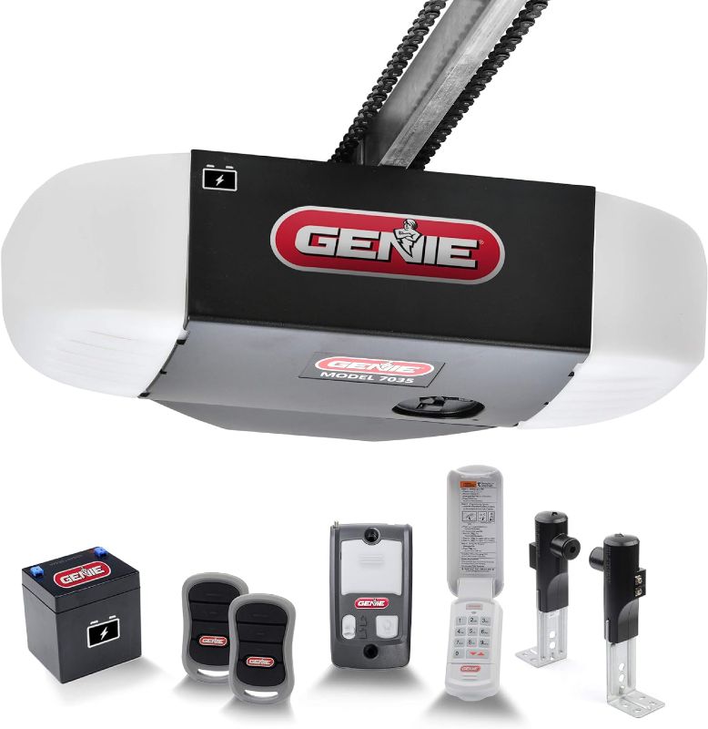 Photo 1 of ***Parts Only***Genie Chain Drive 750 3/4 HPc Garage Door Opener w/Battery Backup - Heavy Duty Chain Drive - Operate your garage door when the primary power is out - Wireless Keypad Included, Model 7035-TKV,BLACK
