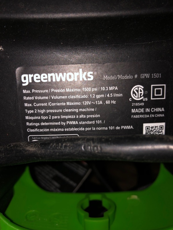 Photo 5 of **PARTS ONLY DOES NOT FUNCTION SEE NOTES**
Greenworks 1600 PSI 1.2 GPM Pressure Washer (Upright Hand-Carry) PWMA Certified