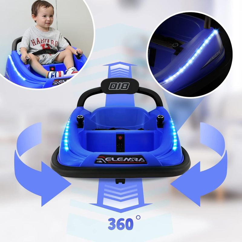 Photo 1 of ELEMARA Bumper Car for Toddlers, 12V Electric Ride On Car Baby Bumper Car with 2 Driving Modes, Remote Control, Safety Belt,LED Lights and DIY Stickers , Kids, Large, Blue
