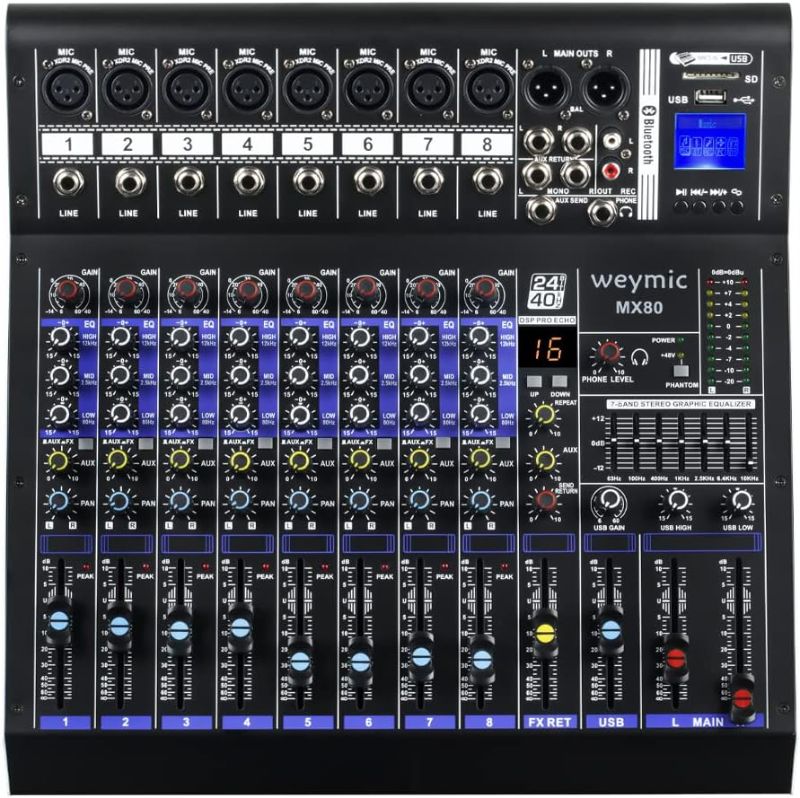 Photo 1 of Weymic MX-80 Professional Mixer (8-Channel) for Recording DJ Stage Karaoke/W Graphic Equalizer and DSP Effector w/USB Drive for Recording Input, XLR Microphone Jack, 48V Power, RCA Output
