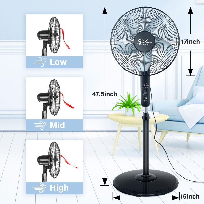 Photo 1 of Simple Deluxe Oscillating 16? Adjustable 3 Speed Pedestal Stand Fan with Remote Control for Indoor, Bedroom, Living Room, Home Office & College Dorm Use, 16 Inch, Black
