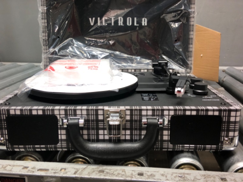 Photo 3 of Victrola Vintage 3-Speed Bluetooth Portable Suitcase Record Player with Built-in Speakers | Upgraded Turntable Audio Sound | Black & White