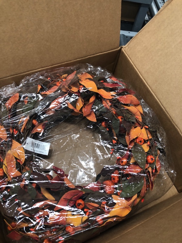 Photo 2 of 20in. Harvest Leaf and Mini Pumpkin Artificial Wreath