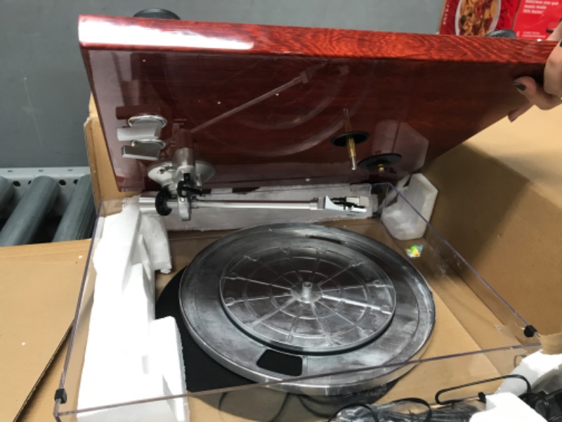 Photo 3 of **SCRATCHES ALL OVER** Turntables Belt-Drive Record Player with Wireless Output Connectivity, Vinyl Player Support 33&45 RPM Speed Phono Mahogany Red