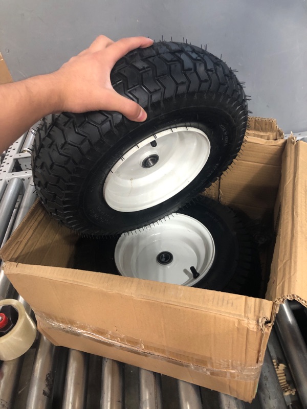 Photo 2 of (2-Pack) 16x6.50-8 Tubeless Tires on Rim - Universal Fit Riding Mower and Yard Tractor Wheels - With Chevron Turf Treads - 3” Offset Hub and 3/4” Bearings - 4 Ply with 615 lbs Max Weight Capacity 16x6.50-8 Tubeless White