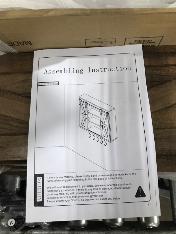 Photo 1 of RUSTOWN Rustic Wood Wall Storage Cabinet with Two Sliding Barn Door, 3-Tier Decorative Farmhouse Vintage Cabinet for Kitchen Dining, Bathroom, Living Room, Dark Walnut Dark Walnut Barn Door