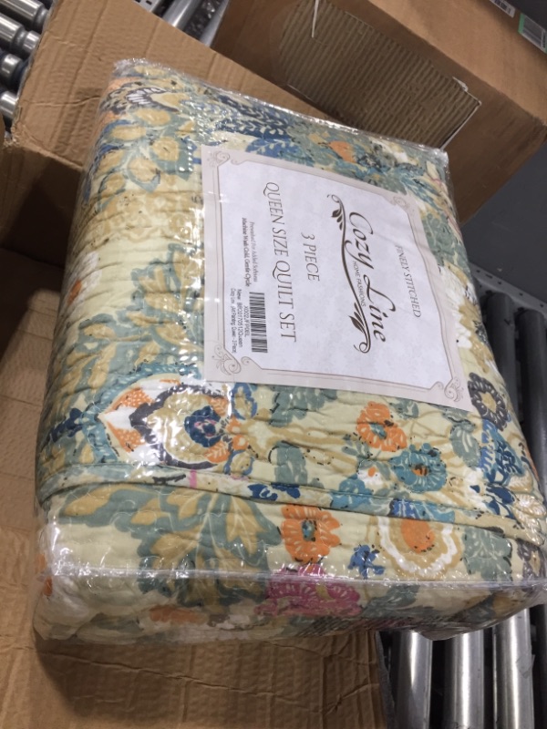 Photo 2 of Cozy Line Home Fashions Vintage Luxury Classic 3-Piece Beige Yellow Beige Blue Floral Garden Cotton Reversible Queen Quilt Bedding Set Queen Yellow, Beige, Blue, Pink, Mutli-color