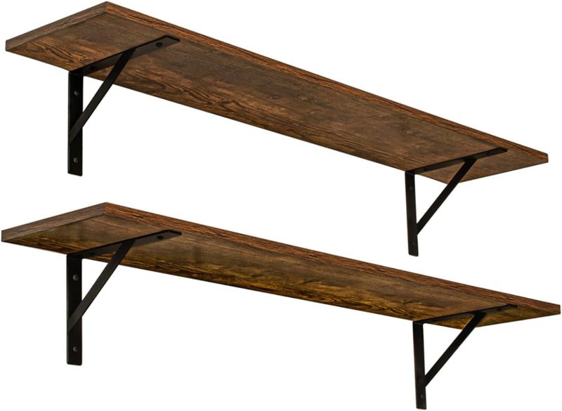 Photo 2 of DINZI LVJ Long Wall Shelves, 39.4Inch Wall Mounted Shelves Set of 2, Easy-to-Install, Wall Storage Ledges with Sturdy Metal Brackets for Living Room, Bathroom, Bedroom, Kitchen, Rustic Brown
