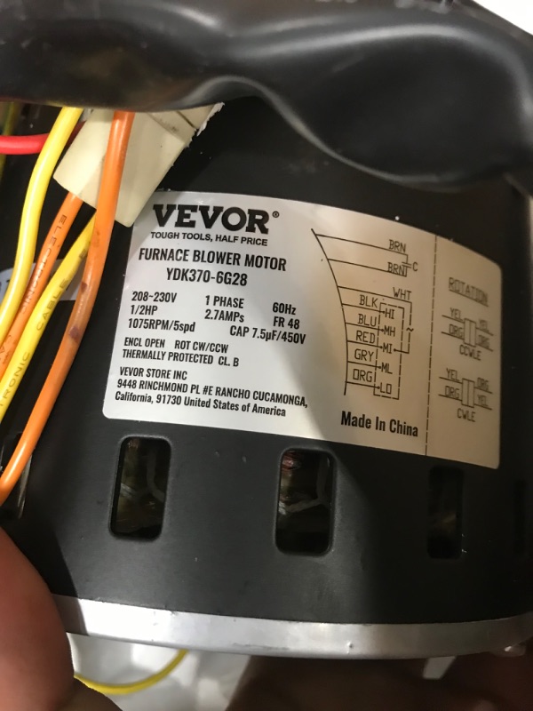 Photo 4 of VEVOR 1/2HP Furnace Blower Motor, 208/230V 2.7Amps, 1075RPM 5 Speeds, CW/CCW Rotation, 48 Frame 3.4" Shaft Length, 7.5?F/450V Capacitor + 11" Hold Hoop
