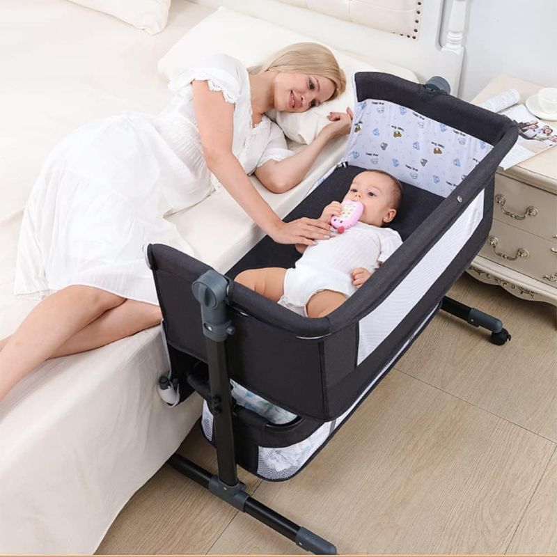 Photo 1 of  Baby Bassinet Bedside Sleeper Bedside Crib Easy Folding Portable Crib 3 in 1 Travel Baby Bed Tent with Adjustable Height,Breathable Net and Mattress (Black)