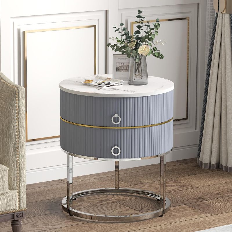 Photo 1 of *See Notes** O&K FURNITURE Marble Round End Table with Storage, Modern Nightstand with 2 Drawers, Side Table for Living Room Bed Room, Bedside Table, Gray & Silver(Marbling Natural Stone)

