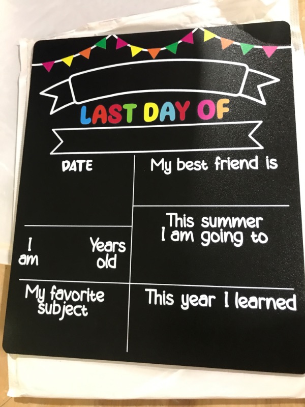 Photo 2 of First & Last Day of School Chalkboard, 10 x 12 Inch Double Sided Preschool, Kindergarten Back to School Signs, Reusable Wooden 1st Day of School Board for Kids. Photo Prop Back to School Supplies.