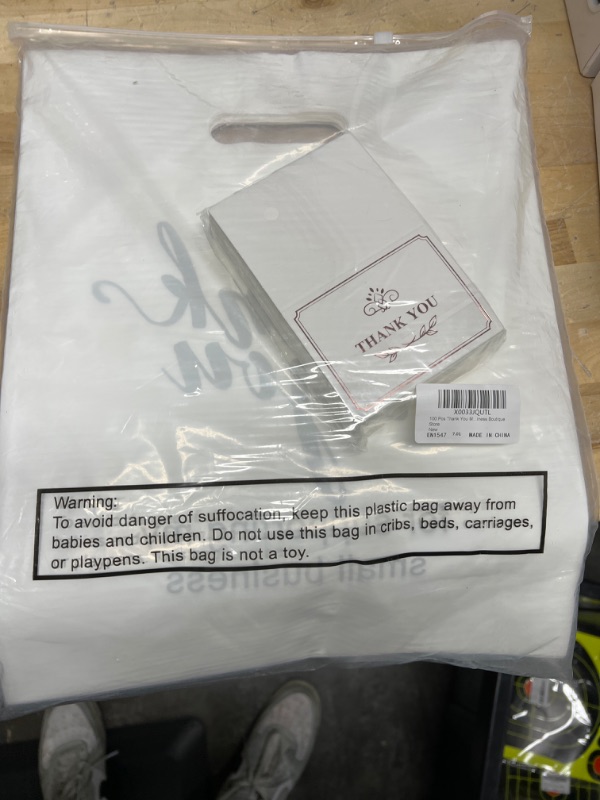 Photo 2 of 100 Pcs Thank You Merchandise Bags with 100 Pcs Thanks Cards, White Thank You Bags with Handle 2.36 Mil 12 x 15 Inch Plastic Retail Shopping Bags 3.6 x 2.9 Inch Cards for Small Business Boutique Store