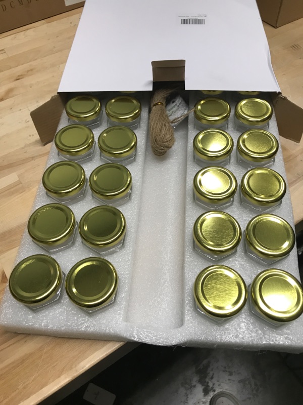 Photo 2 of [24 PACK] Gold Sarafi Baby Shower Favors for Guests | 1.5oz Mini Honey Jars with Dippers, Gold Lids, Safari/Jungle Themed Thank-You Tags and Twine