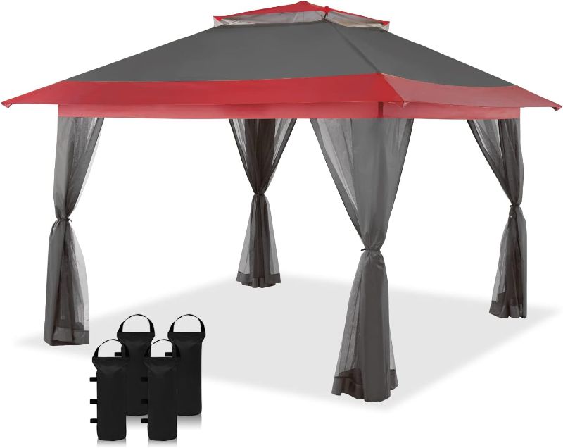 Photo 1 of ****PARTS ONLY****CROWN SHADES 13X13 Outdoor Pop Up Gazebo Base 10X10 Patio Gazebos Patented Center Lock Quick Setup Wheeled STO-N-Go Cover Bag Instant Canopy Tent with Mosquito Nettings (13x13, Red & Grey) 13x13 Red & Grey