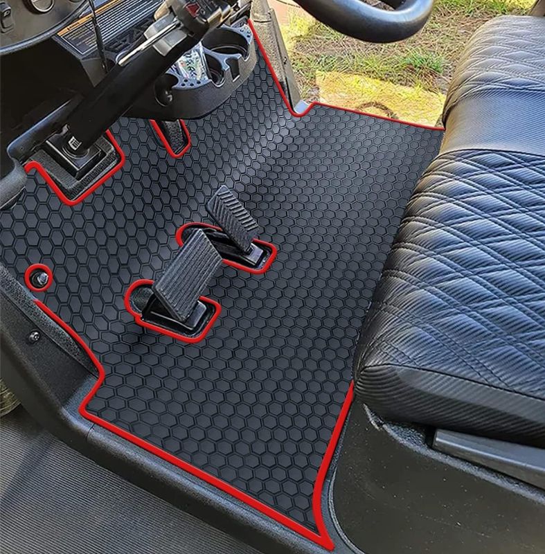 Photo 1 of Matericuo Golf Cart Floor Liner Mat Full Coverage Custom Fit for EZGO RXV (2008+) & 2Five (2009+) 2008 2009 2010 2011 2012 2013 2014 2015 2016 2017 2018 2019 2020 2021 2022 Red Trim Full Coverage