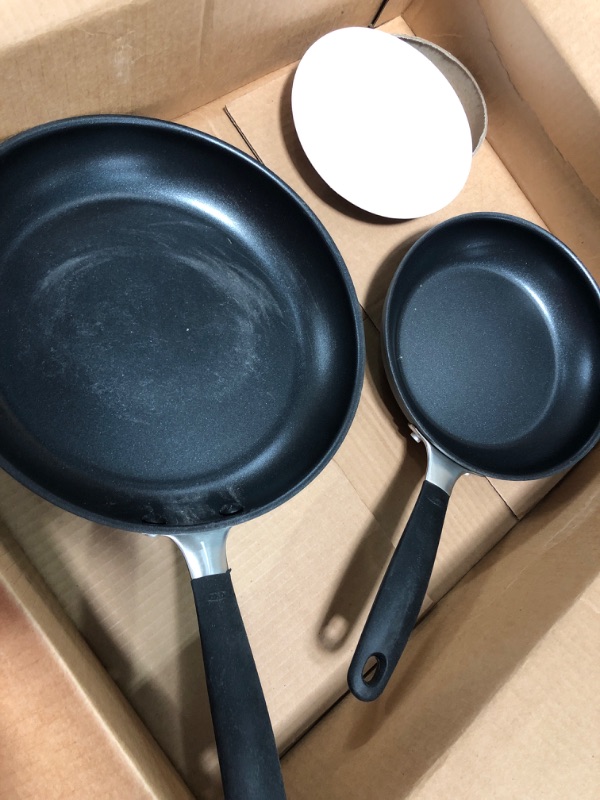 Photo 2 of ***minor damage from use***OXO Good Grips 8" and 10" Frying Pan Skillet Set, 3-Layered German Engineered Nonstick Coating, Stainless Steel Handle with Nonslip Silicone, Black