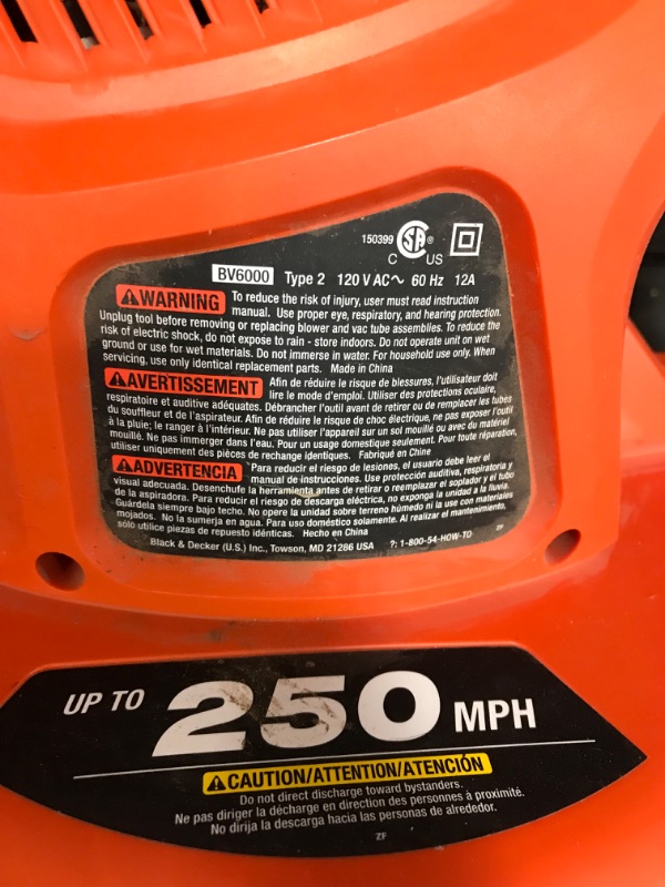 Photo 3 of **MINOR WEAR & TEAR**BLACK+DECKER Leaf Blower & Leaf Vacuum, 3-in-1, 12-Amp, 250-MPH, 400-CFM (BV6000)