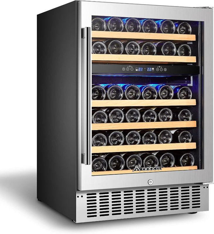 Photo 1 of AAOBOSI ?Upgraded? 24 Inch Dual Zone Wine Cooler 46 Bottle Freestanding and Built in Wine Refrigerator with Advanced Cooling System, Quiet Operation, Blue Interior Light | Easily Store Larger Bottles

