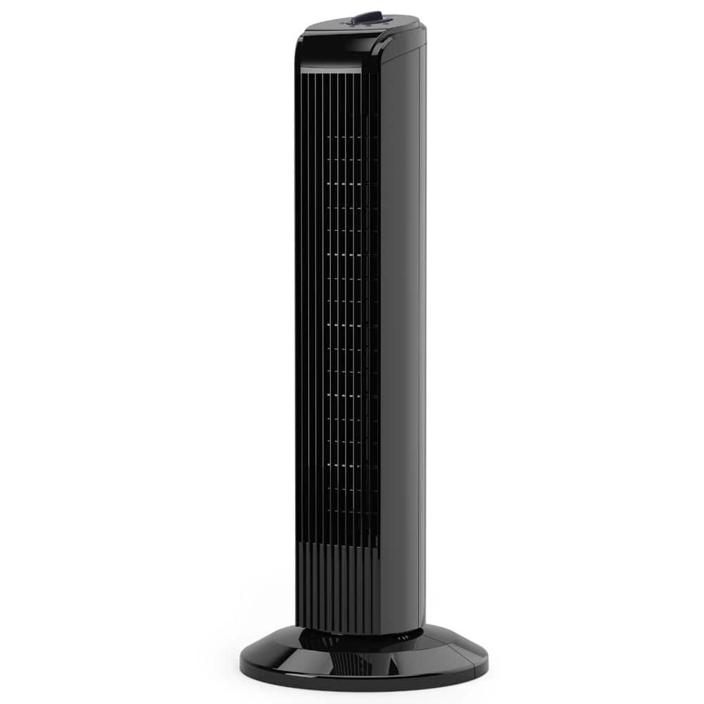 Photo 1 of Hampton Bay 28 in. 3 Speed Oscillating Tower Fan in Black, Durable Plastic Construction with Glossy Black Finish
