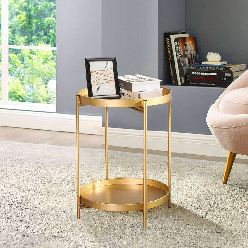 Photo 1 of Adeco Side Table 2-Tier Metal Round End Table with Removable Tray - 17.5 (D)x 17.5 (W)x 20.7 (H)
