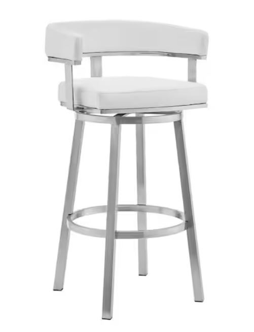 Photo 1 of 
Armen Living Lorin 38 in. White Lower Back Brushed Stainless Steel 30 in. Bar Stool with Faux Leather Seat
