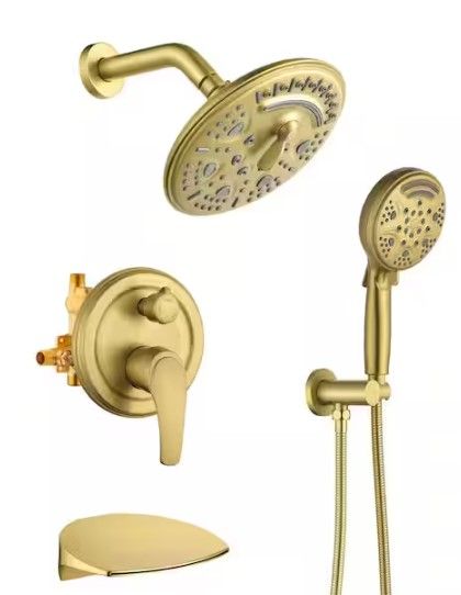 Photo 1 of 2-Handle 9-Spray Tub and Shower Faucet and Handheld Combo with 8 in. Shower Head in Brushed Gold
