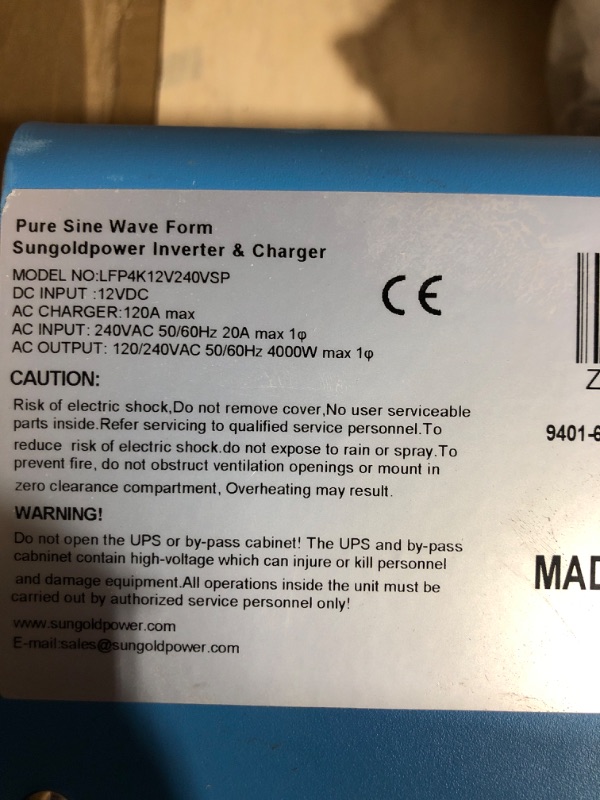 Photo 9 of * no power cord * unable to test * used * 
SUNGOLDPOWER 4000W 12V Pure Sine Wave Power Inverter DC 12V Input to AC 120V Output Converter