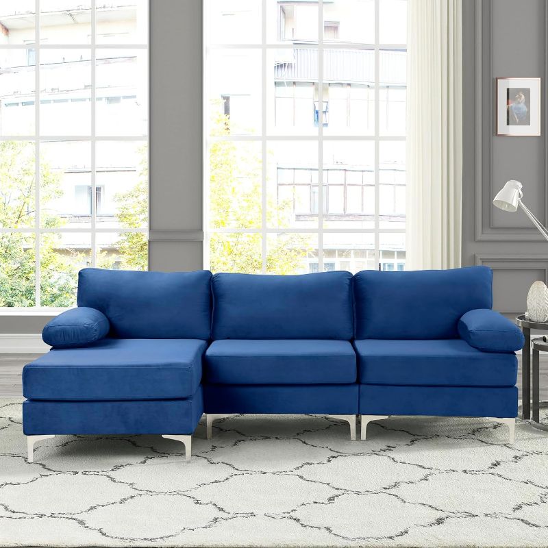 Photo 1 of ***INCOMPLETE **Casa Andrea Milano Modern Large Velvet Fabric Sectional Sofa, L-Shape Couch with Extra Wide Chaise Lounge, Navy
