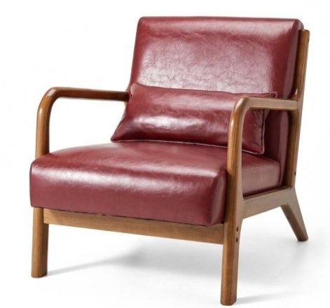 Photo 1 of Glitzhome 30.00"H Mid-century Modern Burgundy Leatherette Accent Armchair with Walnut Rubberwood Frame
