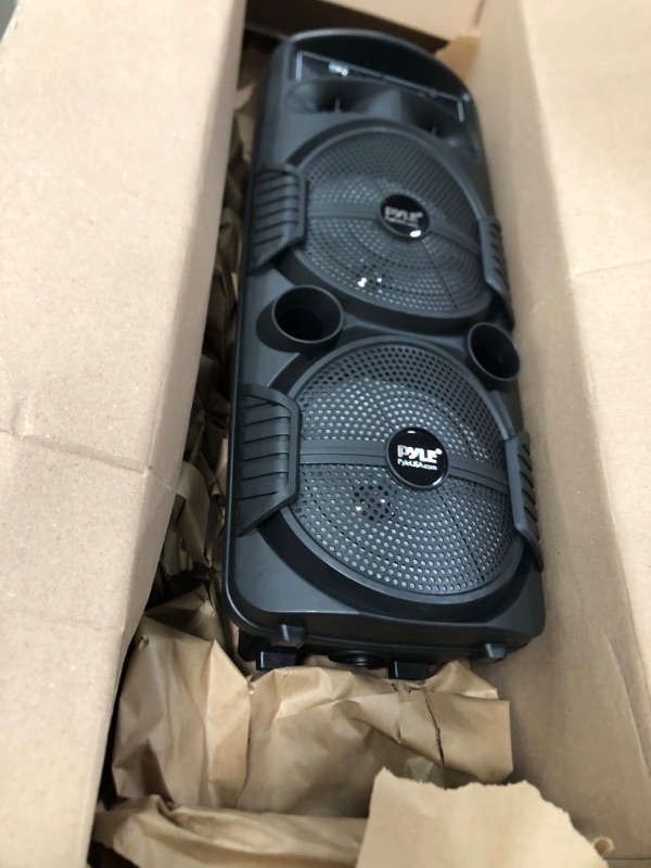 Photo 2 of Pyle Portable Bluetooth PA Speaker System - 600W Rechargeable Outdoor Bluetooth Speaker Portable PA System w/ Dual 8” Subwoofer 1” Tweeter, Microphone In, Party Lights, USB, Radio, Remote - PPHP2835B