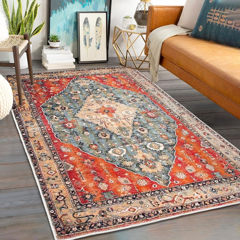 Photo 1 of 71x50  Non-Slip Washable Low-Pile Accent Boho Floor Vintage Distressed Throw Carpet for Entrance Living Room Kitchen Bedroom