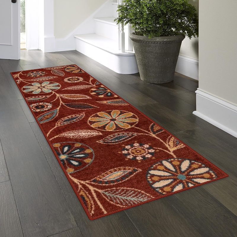 Photo 1 of 2'X6' Maples Rugs Reggie Floral Runner Rug Non Skid Hallway Entry Carpet [Made in USA], Merlot, 
