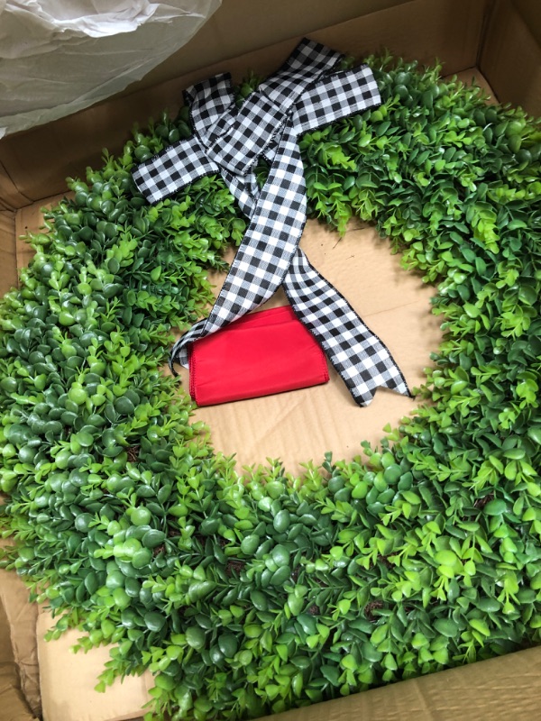 Photo 2 of 32" Faux Round Boxwood Wreath, Vlorart Artificial Large Boxwood Wreath Front Door Wreaths Artificial Spring Summer Greenery Hanging with A Plaid Bow for Villa Wall Hanging Window Wedding Party Decor 32inch