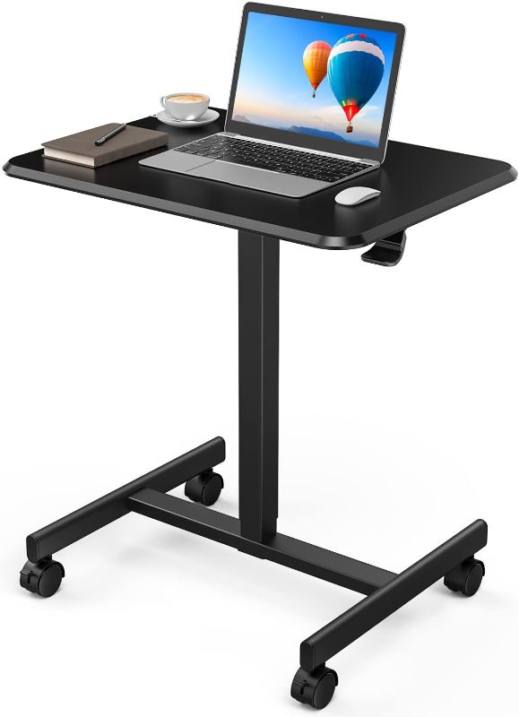 Photo 1 of Mobile Laptop Desk Mobile Small Standing Desk Pneumatic Adjustable Height, Portable Rolling Desk Laptop Cart Ergonomic Mobile Desk with Lockable Wheels
